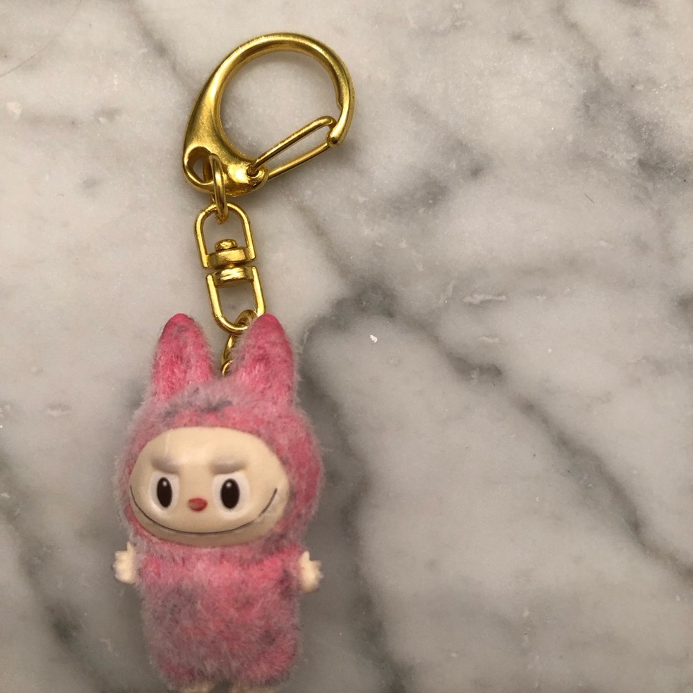 Pink/ Gray Labubu Keychain with Gold Clip